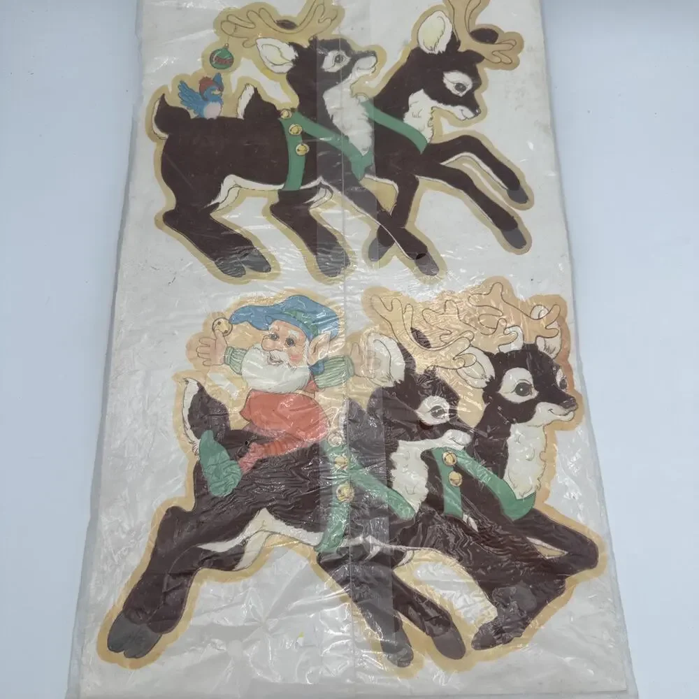 Vintage Flocked Christmas Santa And Sleigh And Reindeer Peck 1984 Die Cut